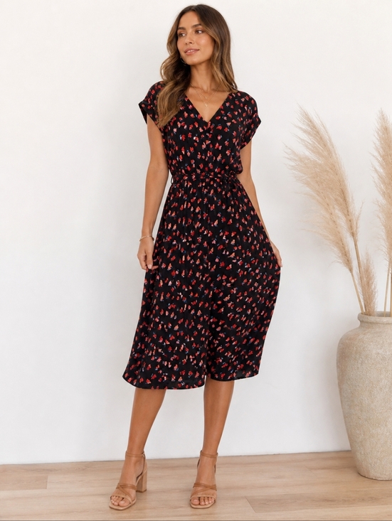 Velvet by Graham & Spencer Dresses & Skirts - Velvet by Graham & Spencer Floral Midi Dress XS Black Red Print Belted